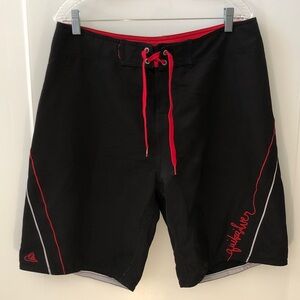 Quiksilver Men's Black and Red Board Shorts size 34 Velcro polyester grey detail